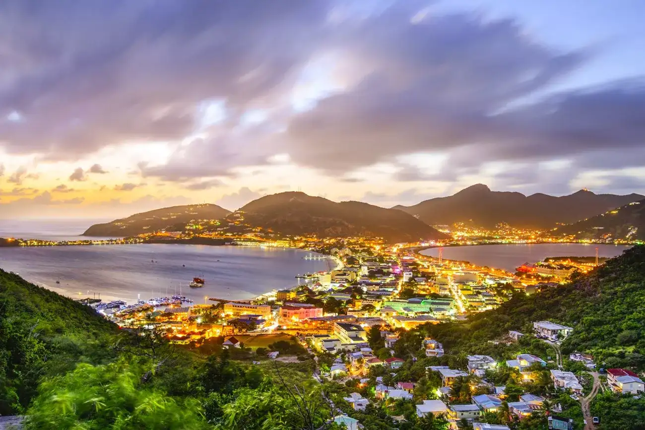 Philipsburg, Sint Maarten, Dutch Antilles cityscape at the Great Salt Pond