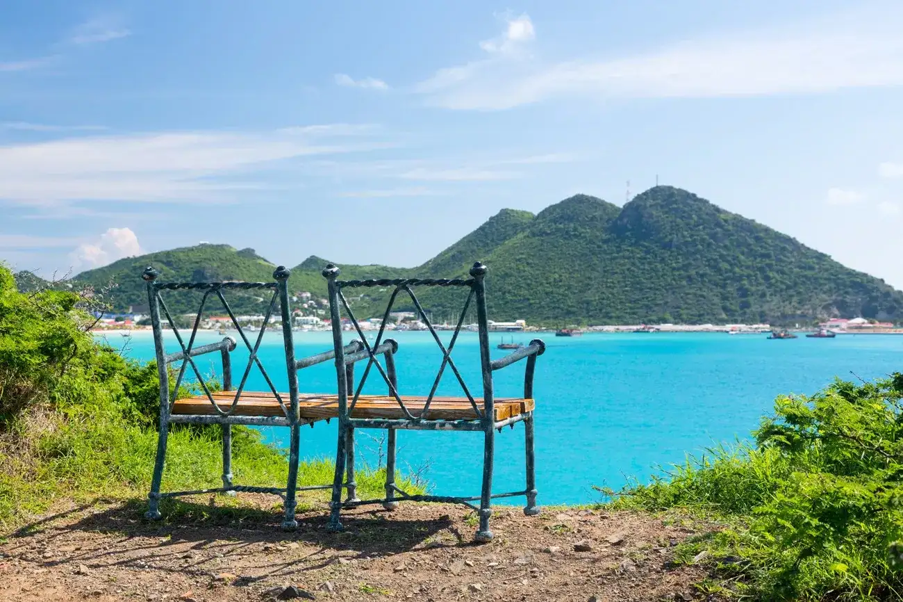 Seat at overlook viewpoint over Philipsburg in Sint Maarten St Martin Caribbean
