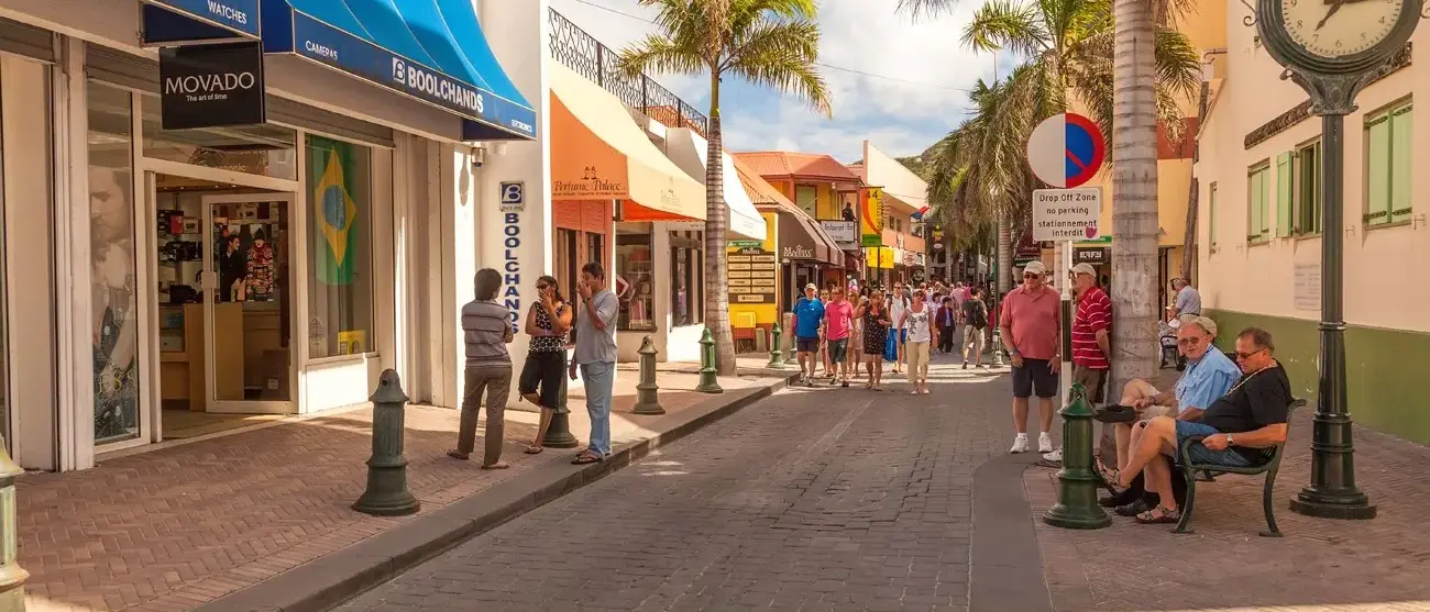 Tourists shop along Front Street, the busiest street in Philipsburg for souvenirs