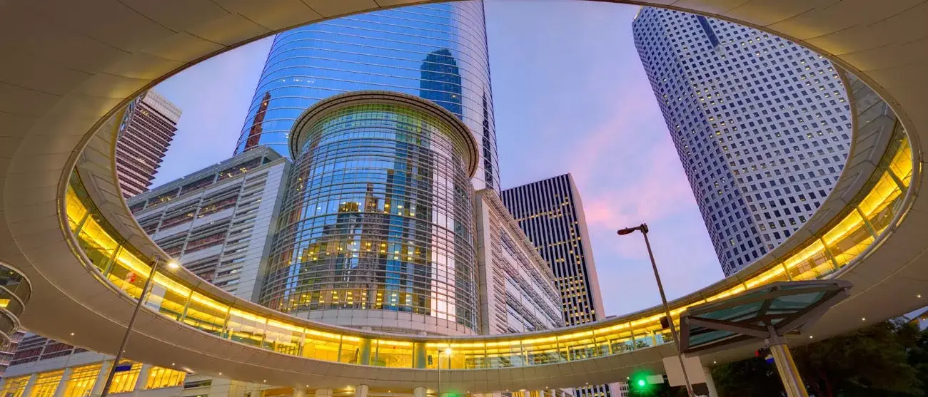 Houston Downtown sunset modern skyscrapers at Texas US USA