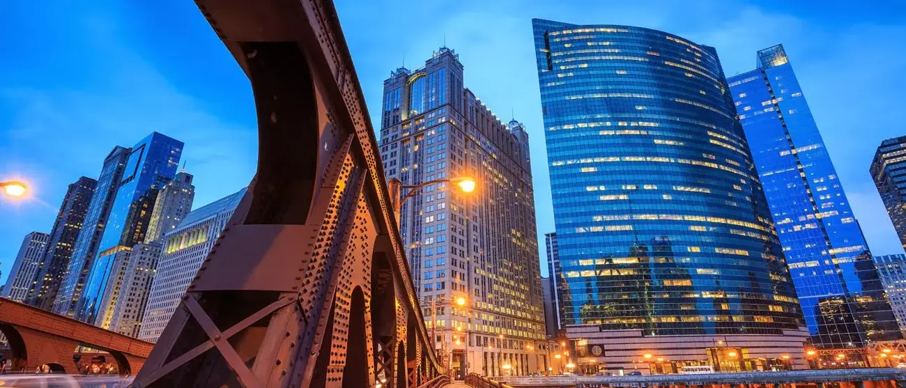 Chicago downtown and Chicago River at night